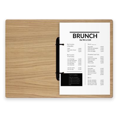 Porte-menu en chêne pour restaurant avec anneaux au centre pour feuilles A5