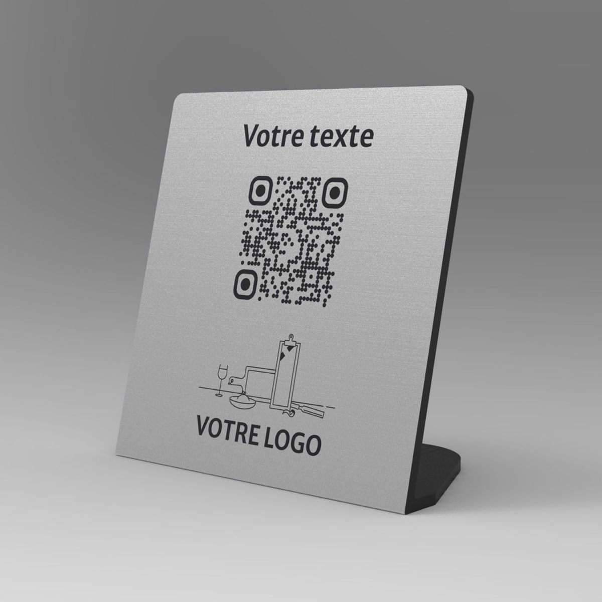 Présentoir incliné aspect inox carré - Support QR Code en plexiglass pour restaurant