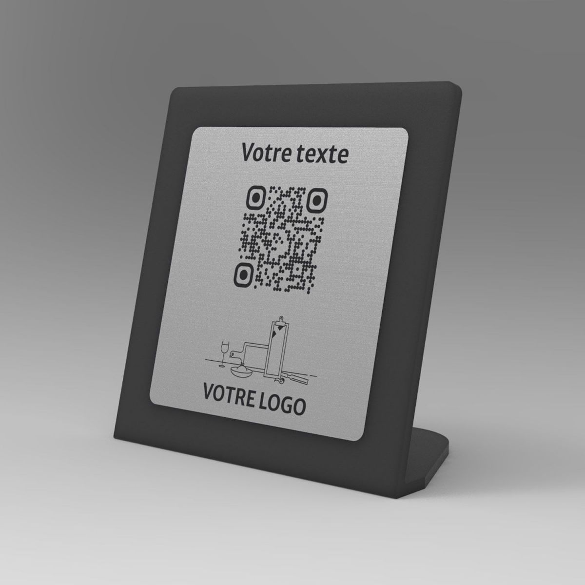 Présentoir incliné noir aspect inox carré - Support QR Code en plexiglass pour restaurant