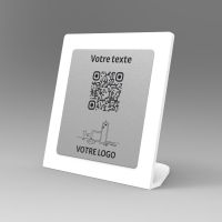 Présentoir incliné blanc aspect inox carré - Support QR Code en plexiglass pour restaurant
