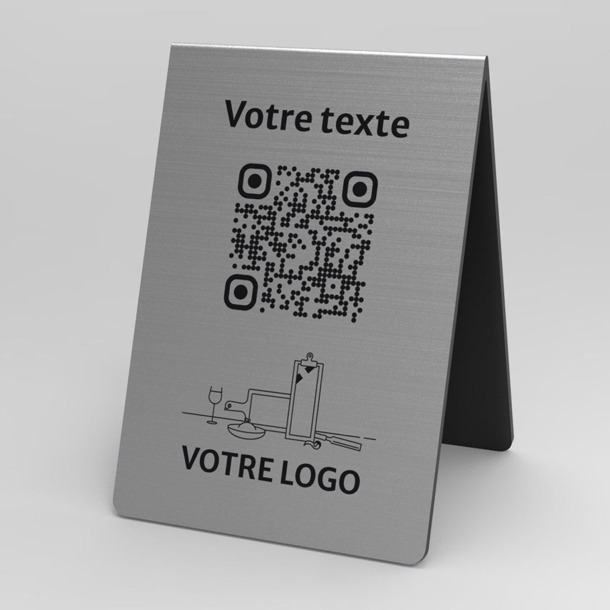Présentoir chevalet aspect inox rectangle - Support QR Code en plexiglass pour restaurant