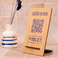 Présentoir noyer inox arrondi - Support QR Code en bois pour restaurant