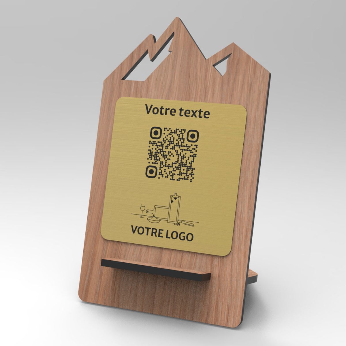 Présentoir chêne laiton montagne - Support QR Code en bois pour restaurant