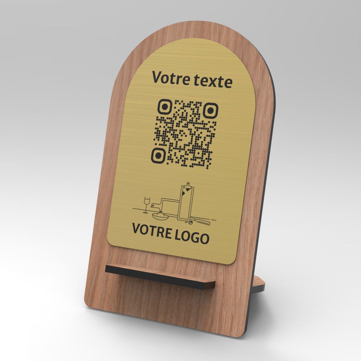 Présentoir chêne laiton arrondi - Support QR Code en bois pour restaurant