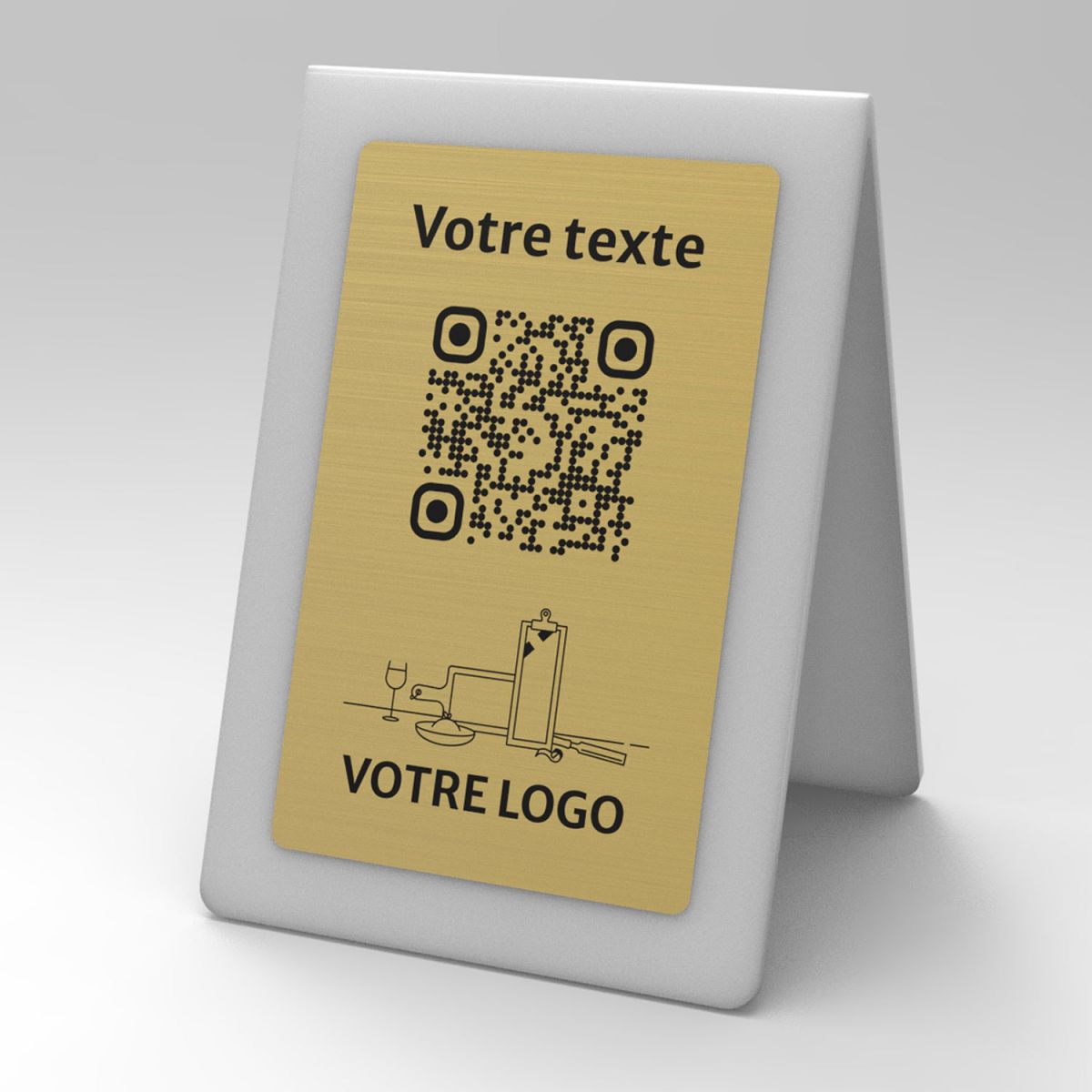Présentoir chevalet givré aspect laiton rectangle - Support QR Code en plexiglass pour restaurant