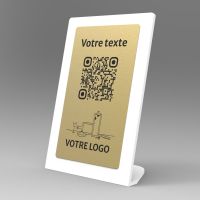 Présentoir incliné blanc aspect laiton rectangle - Support QR Code en plexiglass pour restaurant