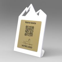 Présentoir incliné blanc aspect laiton montagne - Support QR Code en plexiglass pour restaurant