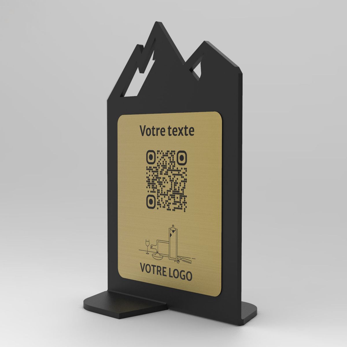 Présentoir vertical noir aspect laiton montagne - Support QR Code en plexiglass pour restaurant