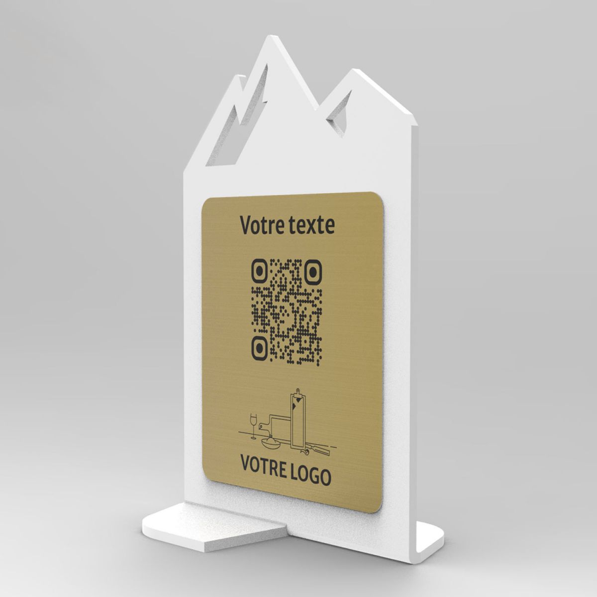 Présentoir vertical blanc aspect laiton montagne - Support QR Code en plexiglass pour restaurant