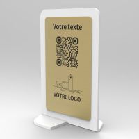 Présentoir vertical blanc aspect laiton rectangle - Support QR Code en plexiglass pour restaurant