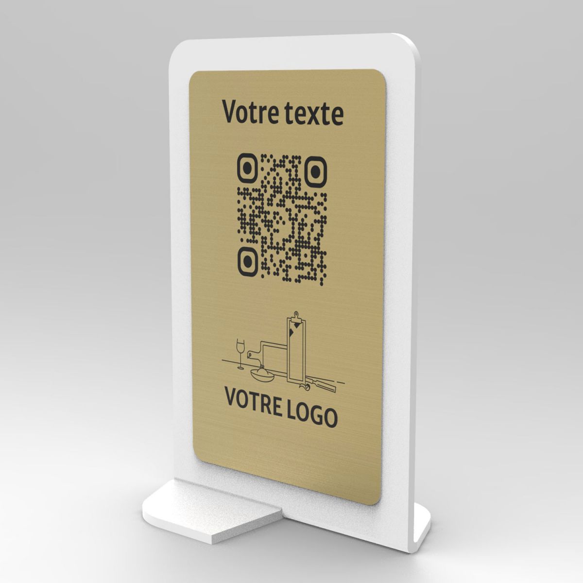 Présentoir vertical blanc aspect laiton rectangle - Support QR Code en plexiglass pour restaurant