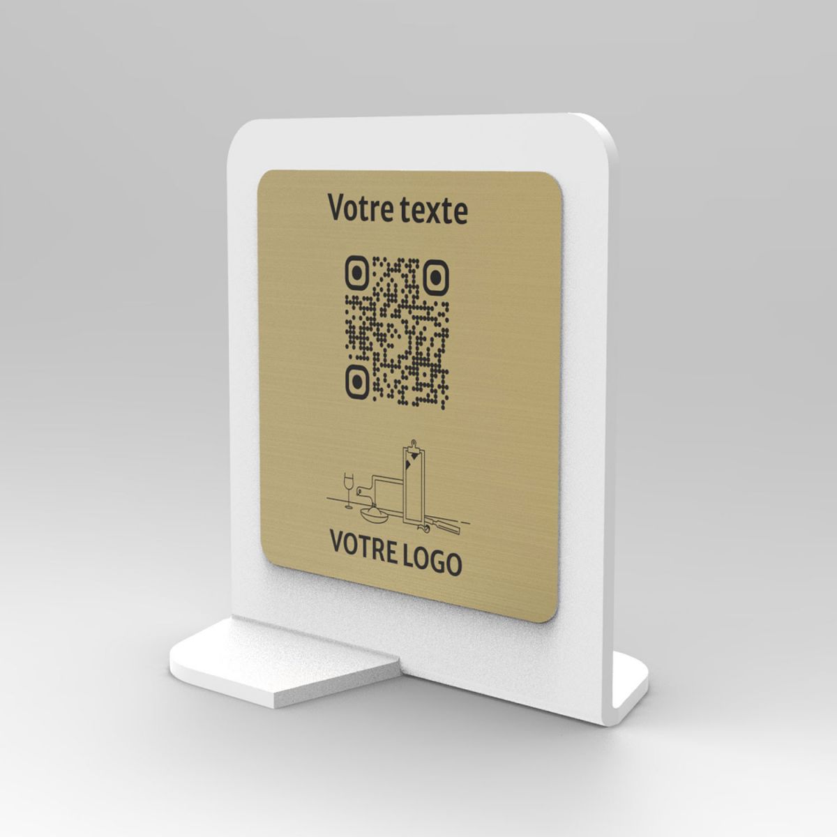 Présentoir vertical blanc aspect laiton carré - Support QR Code en plexiglass pour restaurant