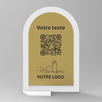 Présentoir vertical blanc aspect laiton arrondi - Support QR Code en plexiglass pour restaurant