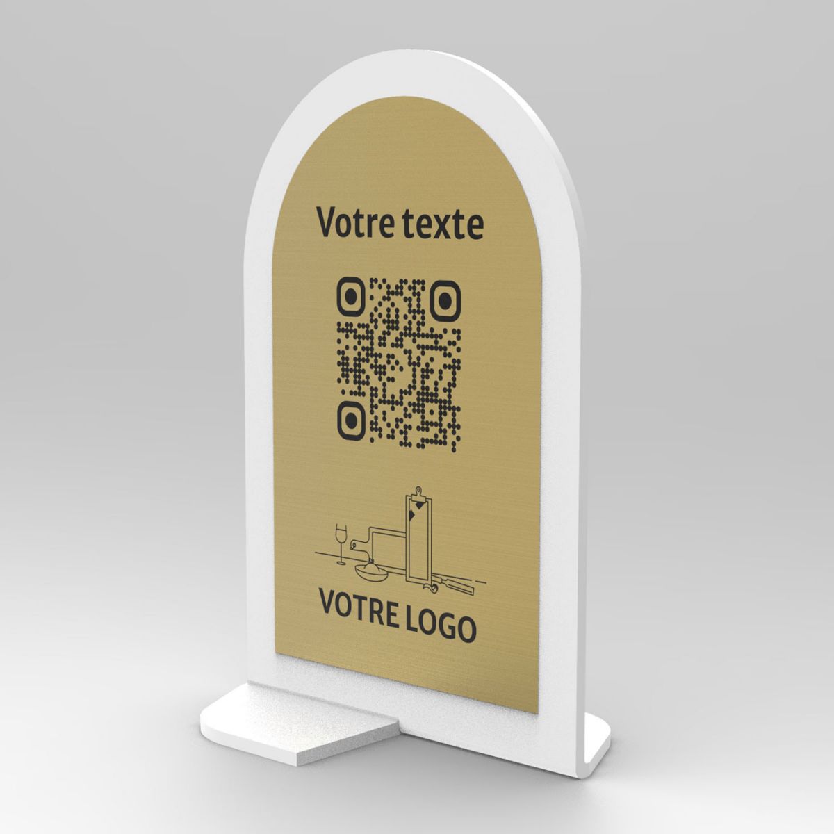 Présentoir vertical blanc aspect laiton arrondi - Support QR Code en plexiglass pour restaurant