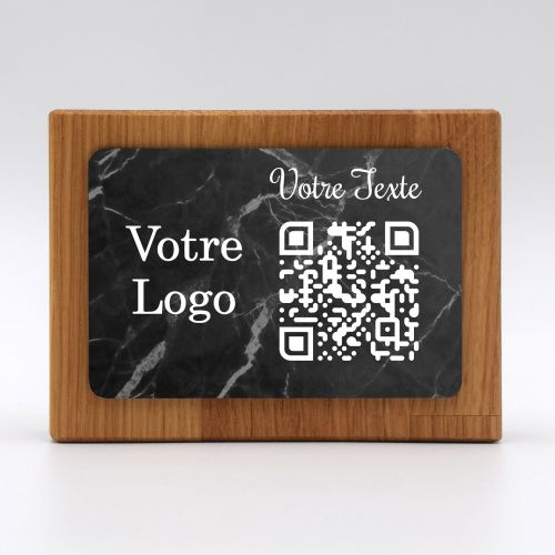 qr code totem rectangle en bois marbre noir pour restaurant hôtel support chevalet plaque