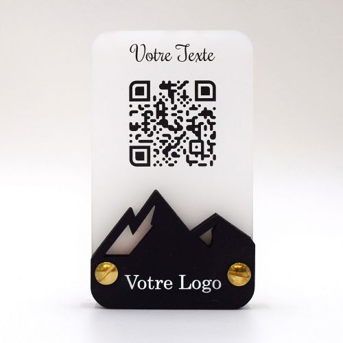 qr code totem en bois et plexi plexiglass transparent pour restaurant hôtel support chevalet plaque montagne